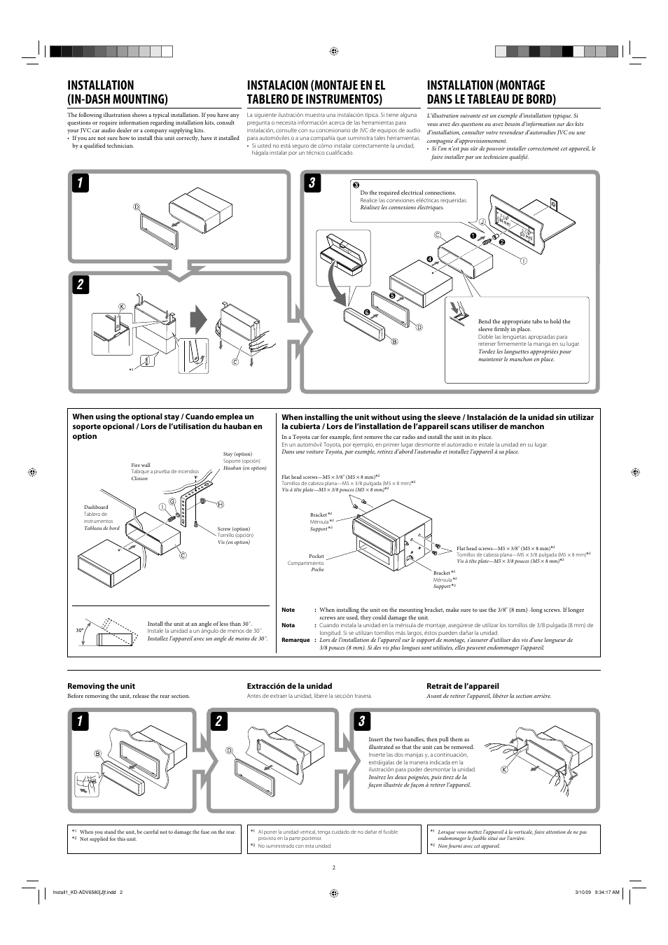 Installation (in-dash mounting), Installation (montage dans le tableau de bord) | JVC GET0592-002A User Manual | Page 2 / 6