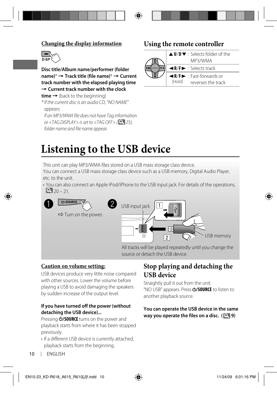 Listening to the usb device, Using the remote controller, Stop playing and detaching the usb device | JVC KD-A615 User Manual | Page 10 / 131