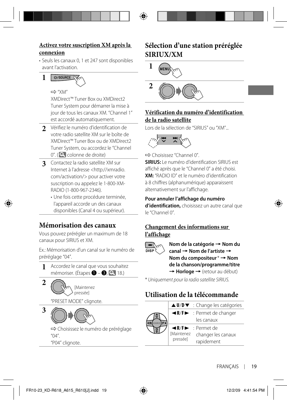 Mémorisation des canaux, Sélection d’une station préréglée siriux/xm, Utilisation de la télécommande | JVC KD-A615 User Manual | Page 103 / 131