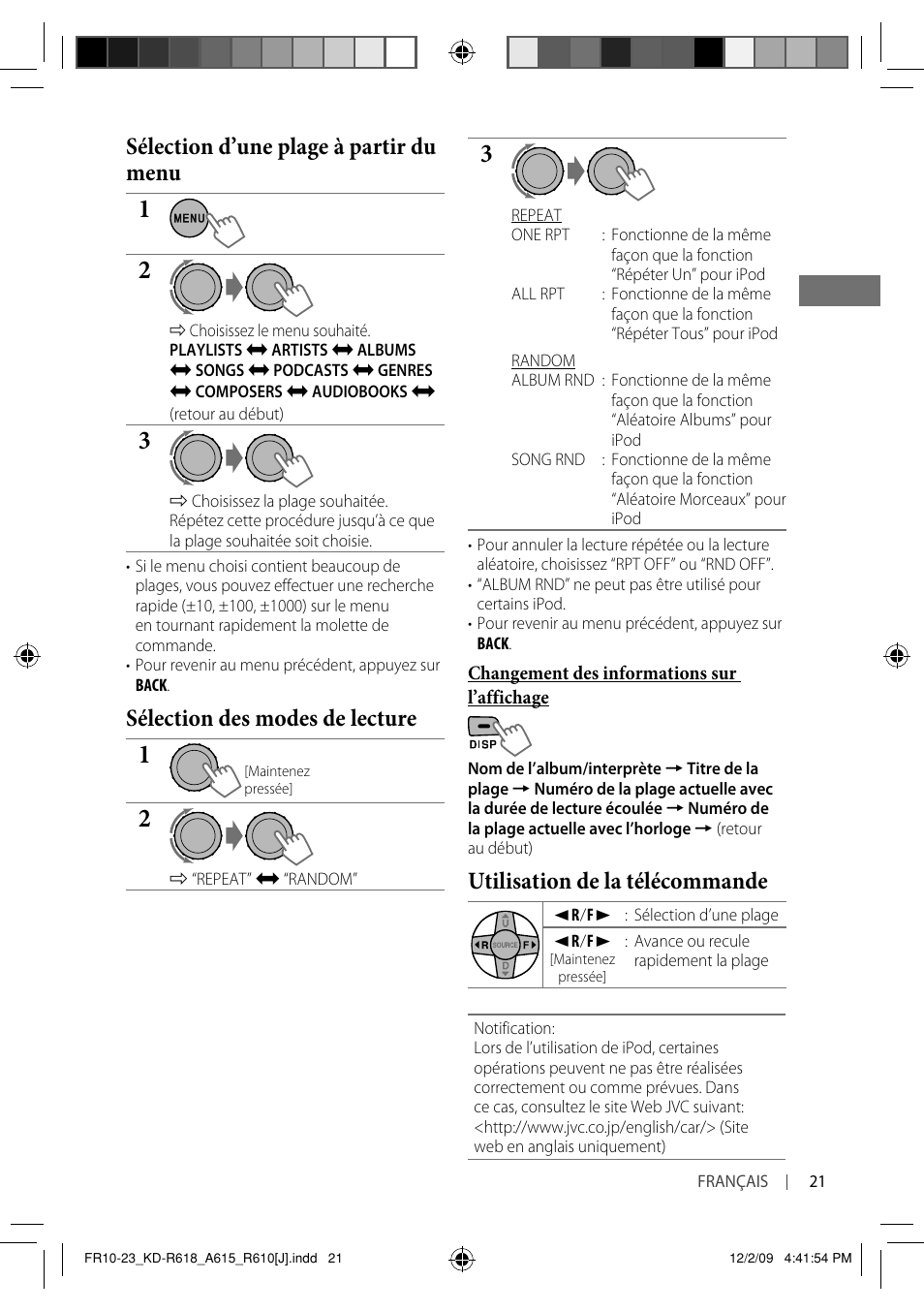 Sélection d’une plage à partir du menu, Sélection des modes de lecture, Utilisation de la télécommande | JVC KD-A615 User Manual | Page 105 / 131