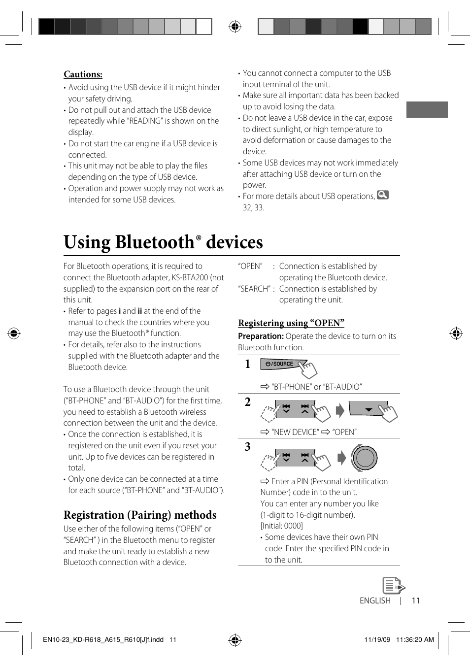 Using bluetooth ® devices, Registration (pairing) methods | JVC KD-A615 User Manual | Page 11 / 131