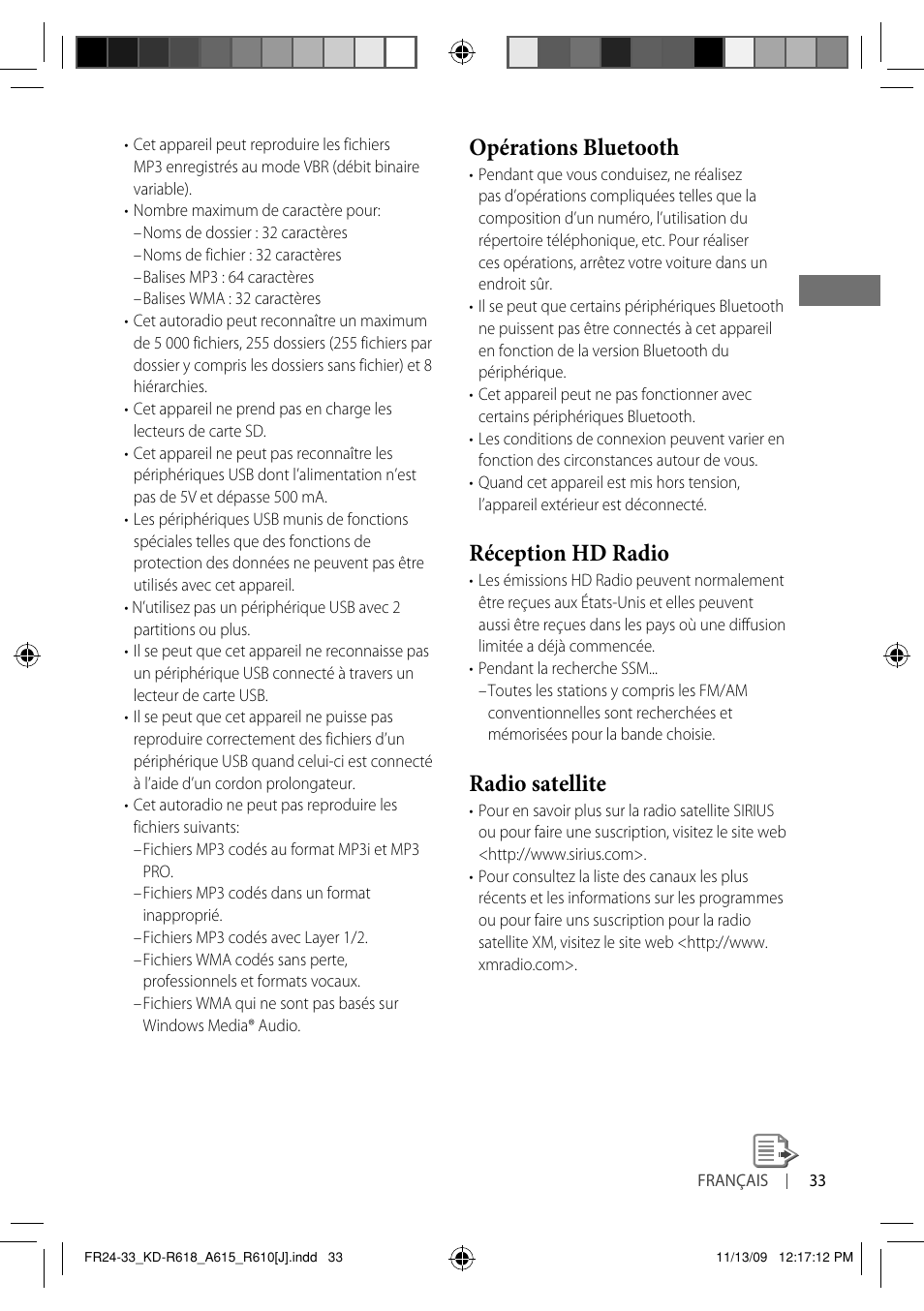 Opérations bluetooth, Réception hd radio, Radio satellite | JVC KD-A615 User Manual | Page 117 / 131
