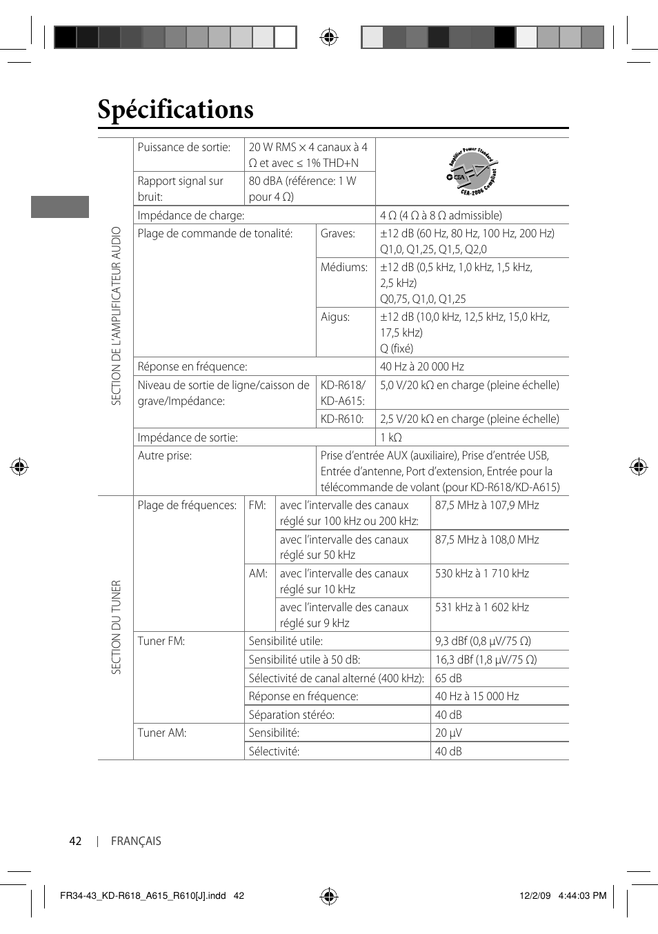 Spécifications | JVC KD-A615 User Manual | Page 126 / 131