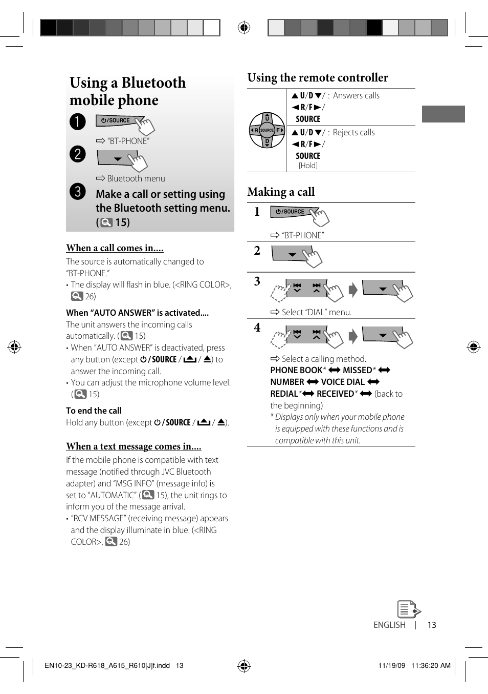 Using a bluetooth mobile phone, Using the remote controller, Making a call | JVC KD-A615 User Manual | Page 13 / 131