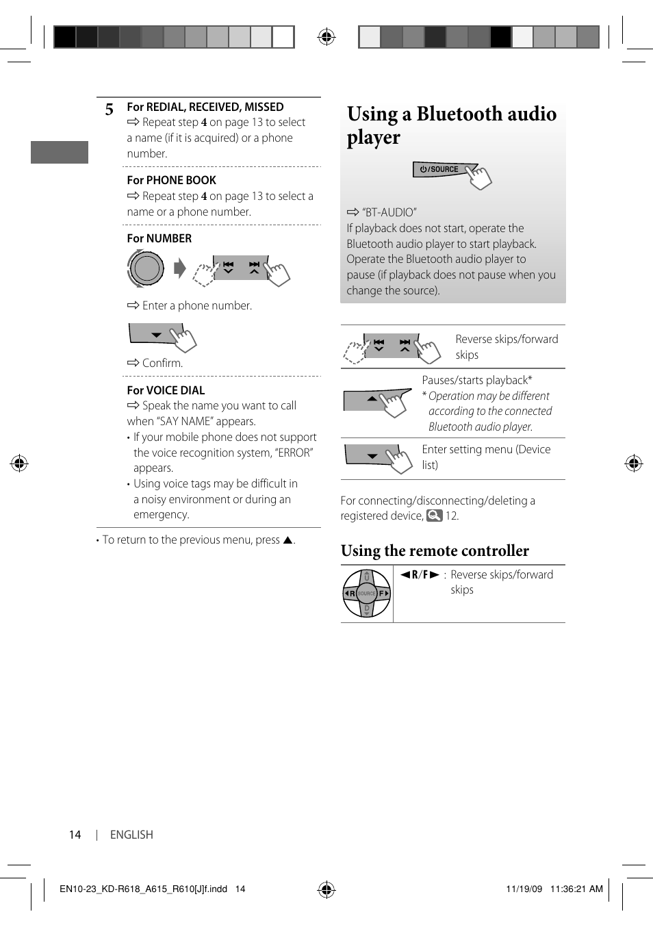Using a bluetooth audio player, Using the remote controller | JVC KD-A615 User Manual | Page 14 / 131