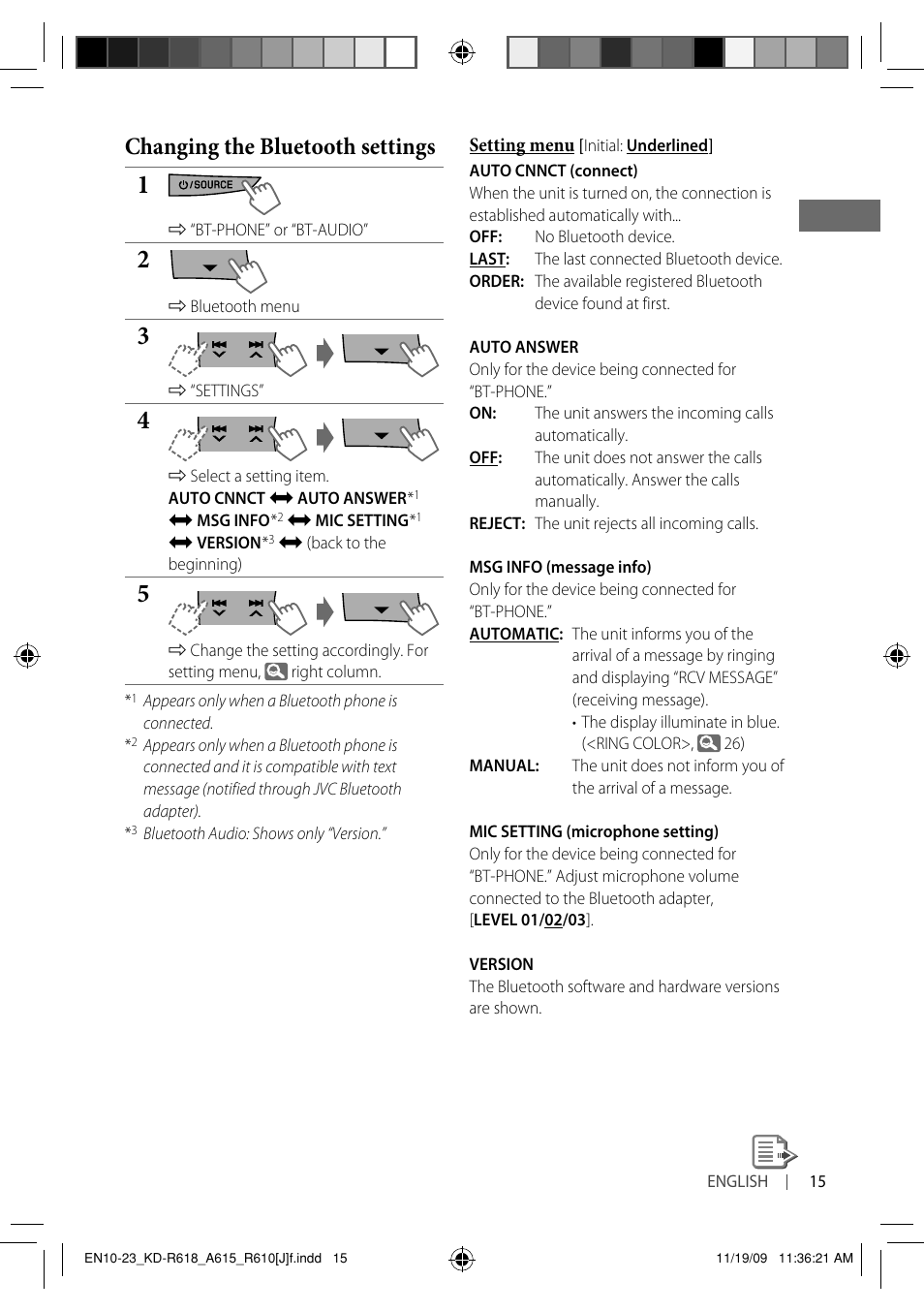 Changing the bluetooth settings | JVC KD-A615 User Manual | Page 15 / 131