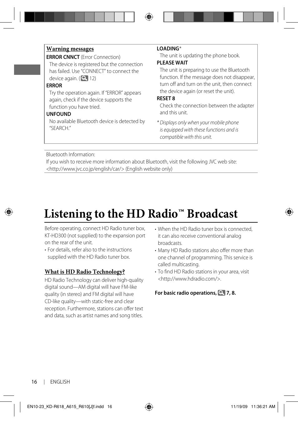 Listening to the hd radio ™ broadcast | JVC KD-A615 User Manual | Page 16 / 131