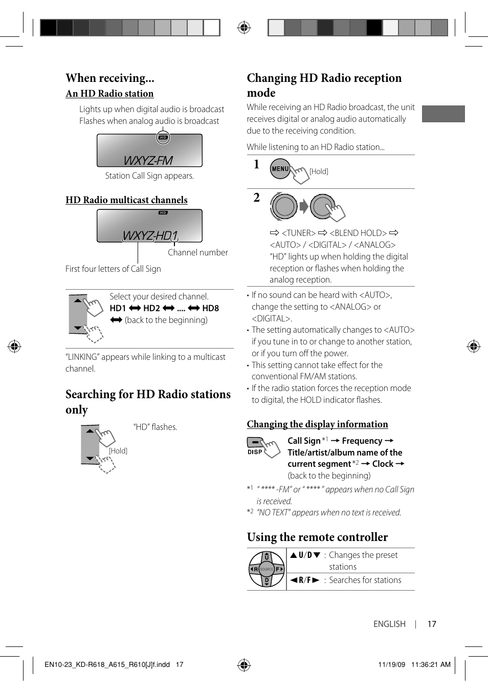 When receiving, Searching for hd radio stations only, Changing hd radio reception mode | Using the remote controller | JVC KD-A615 User Manual | Page 17 / 131