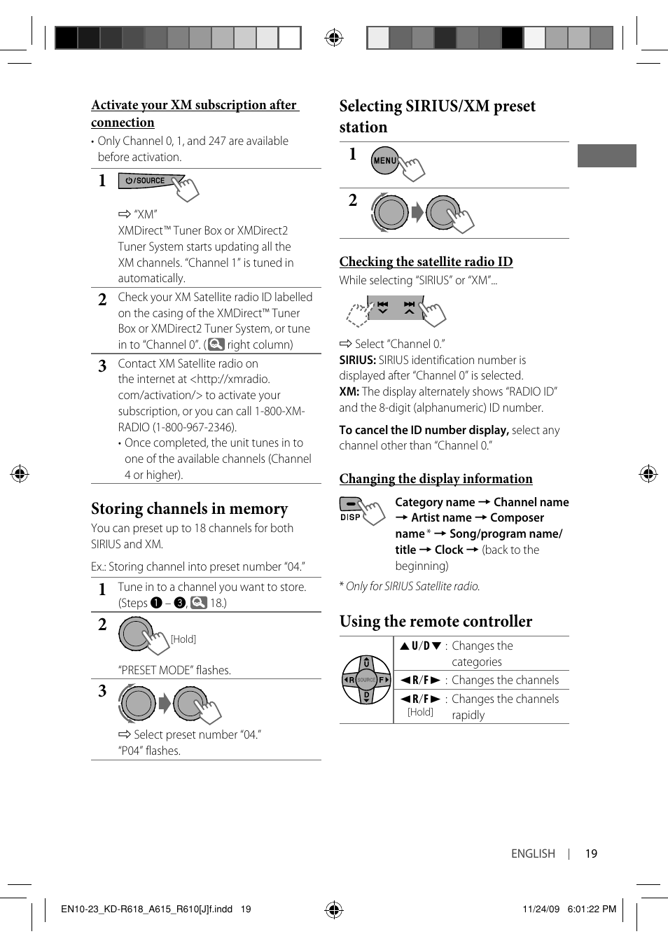 Selecting sirius/xm preset station, Using the remote controller | JVC KD-A615 User Manual | Page 19 / 131