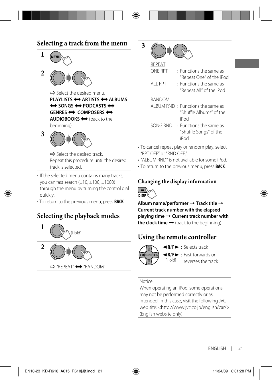 Selecting a track from the menu, Selecting the playback modes, Using the remote controller | JVC KD-A615 User Manual | Page 21 / 131
