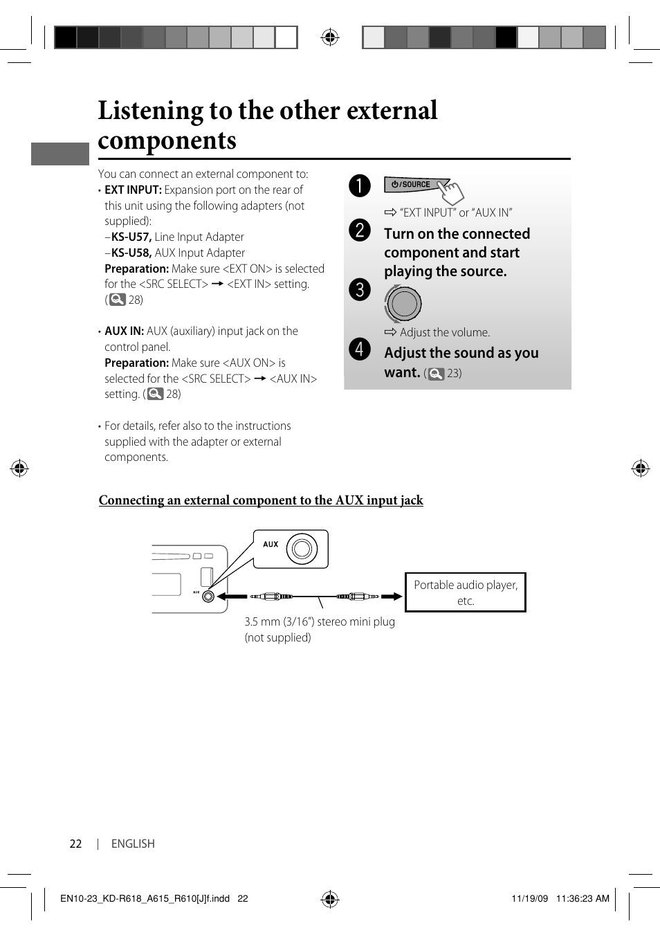 Listening to the other external components | JVC KD-A615 User Manual | Page 22 / 131