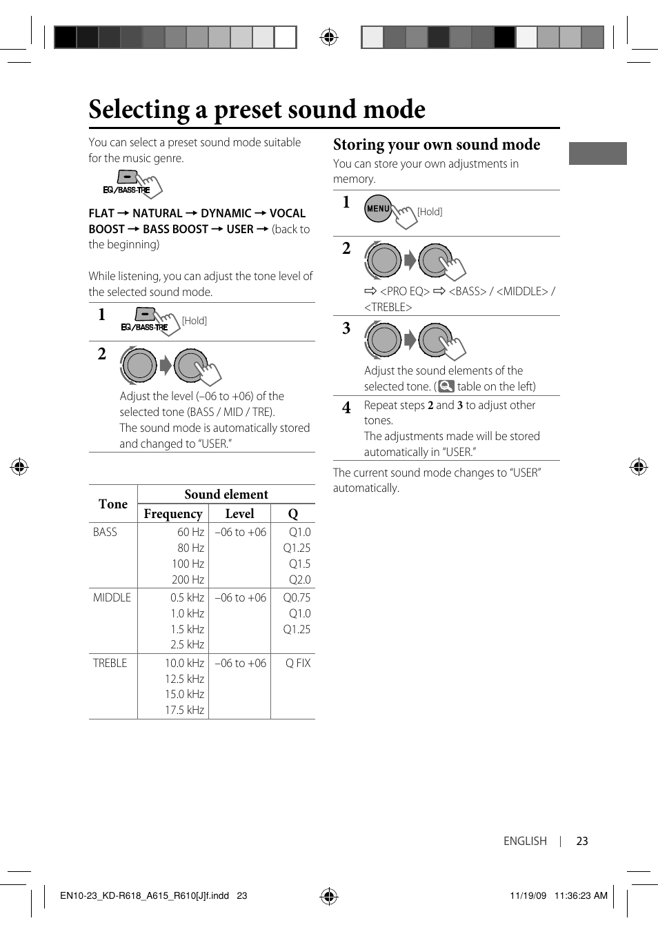 Selecting a preset sound mode, Storing your own sound mode | JVC KD-A615 User Manual | Page 23 / 131