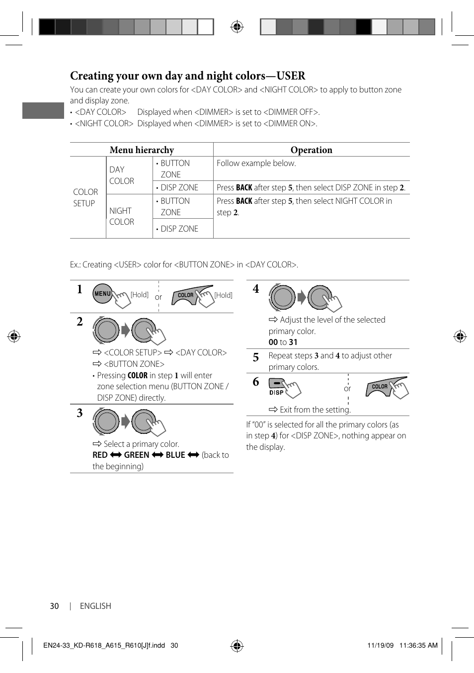 Creating your own day and night colors—user | JVC KD-A615 User Manual | Page 30 / 131