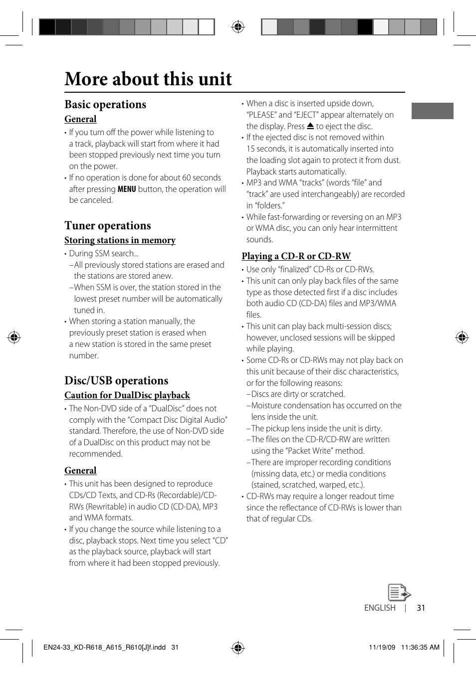 More about this unit, Basic operations, Tuner operations | Disc/usb operations | JVC KD-A615 User Manual | Page 31 / 131