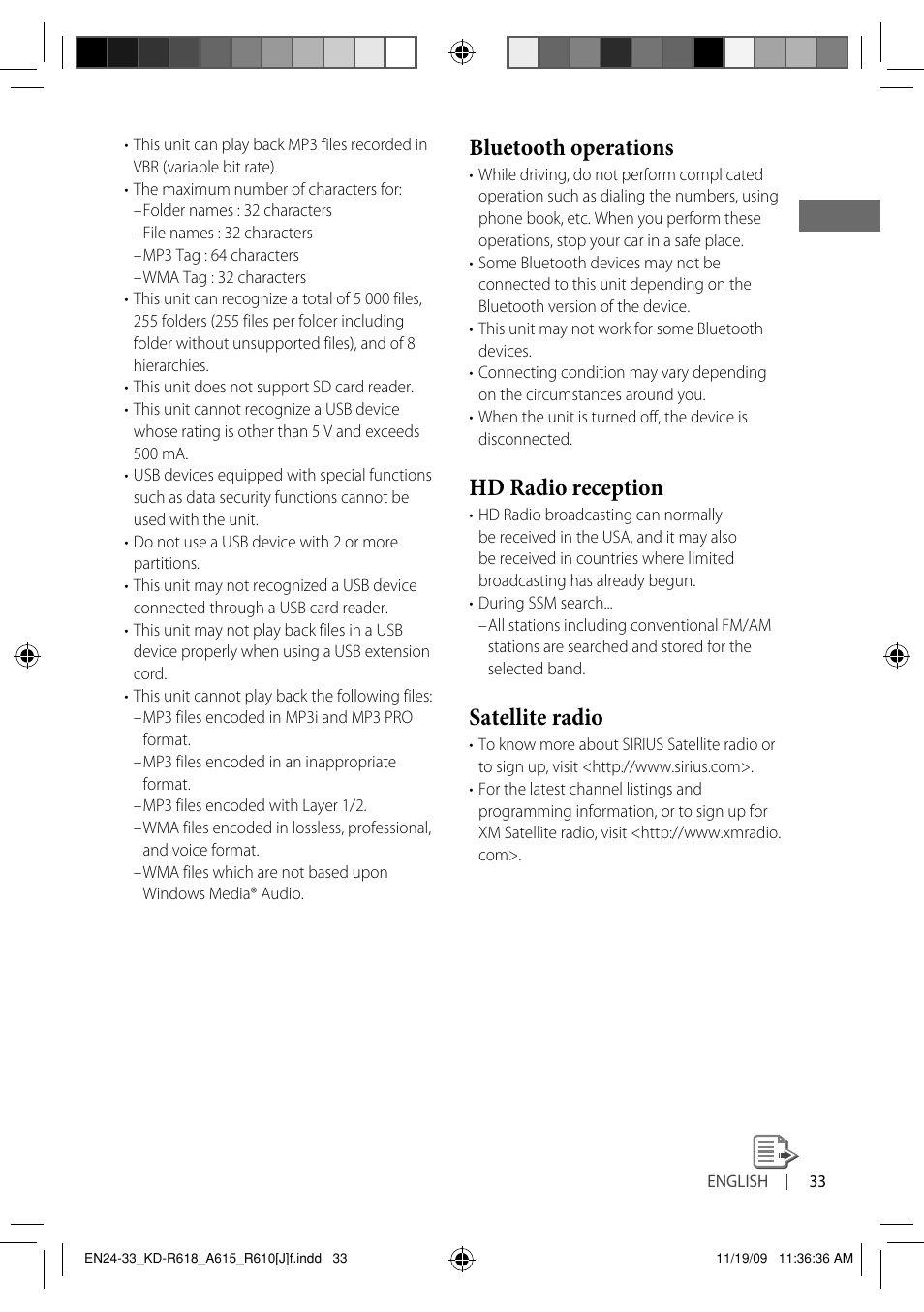 Bluetooth operations, Hd radio reception, Satellite radio | JVC KD-A615 User Manual | Page 33 / 131