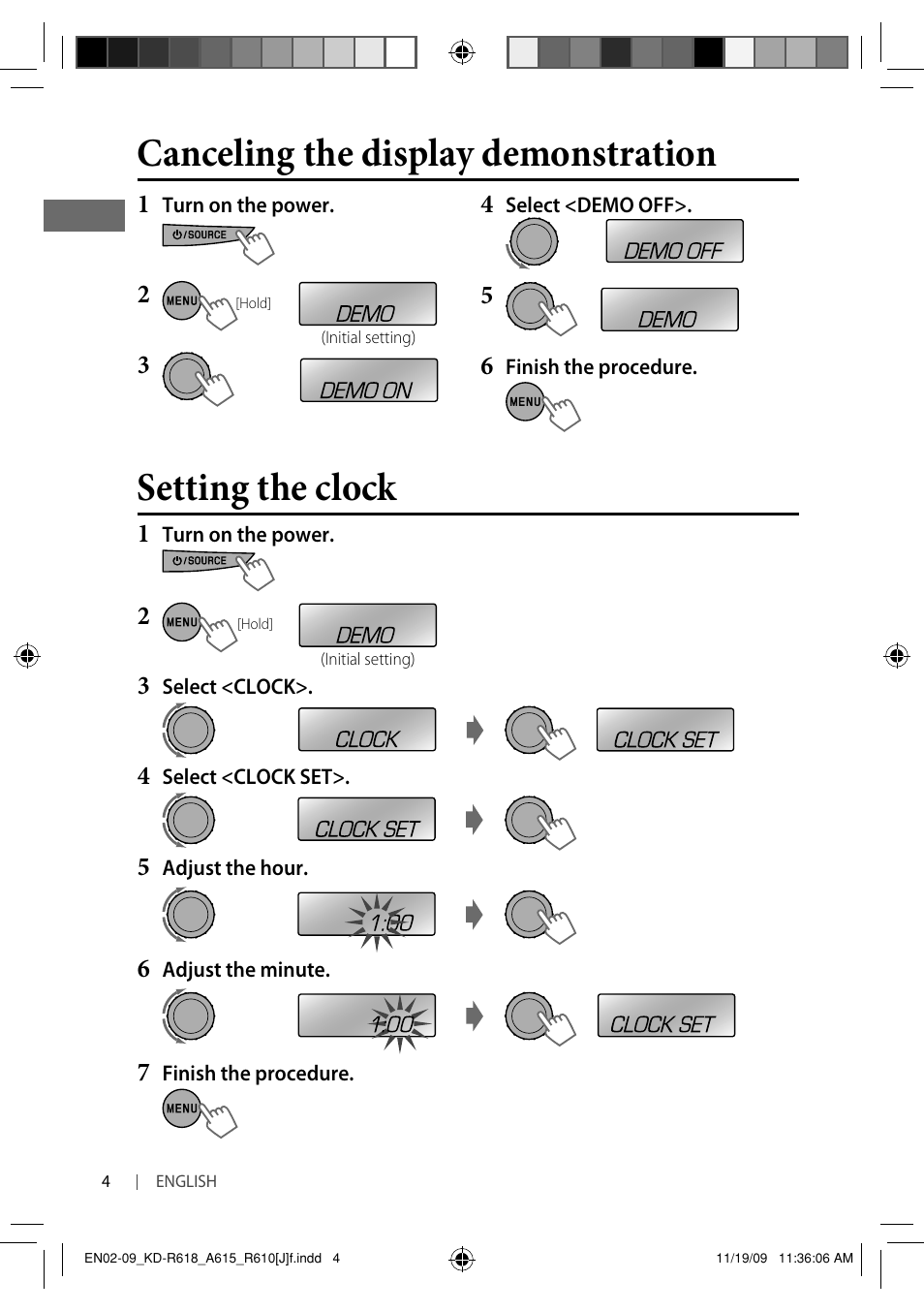 Setting the clock, Canceling the display demonstration | JVC KD-A615 User Manual | Page 4 / 131