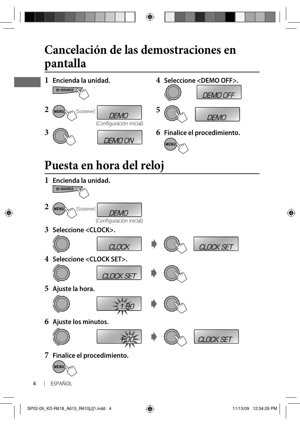 Puesta en hora del reloj, Cancelación de las demostraciones en pantalla | JVC KD-A615 User Manual | Page 46 / 131