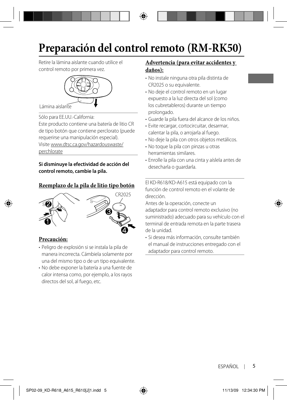 Preparación del control remoto (rm-rk50) | JVC KD-A615 User Manual | Page 47 / 131