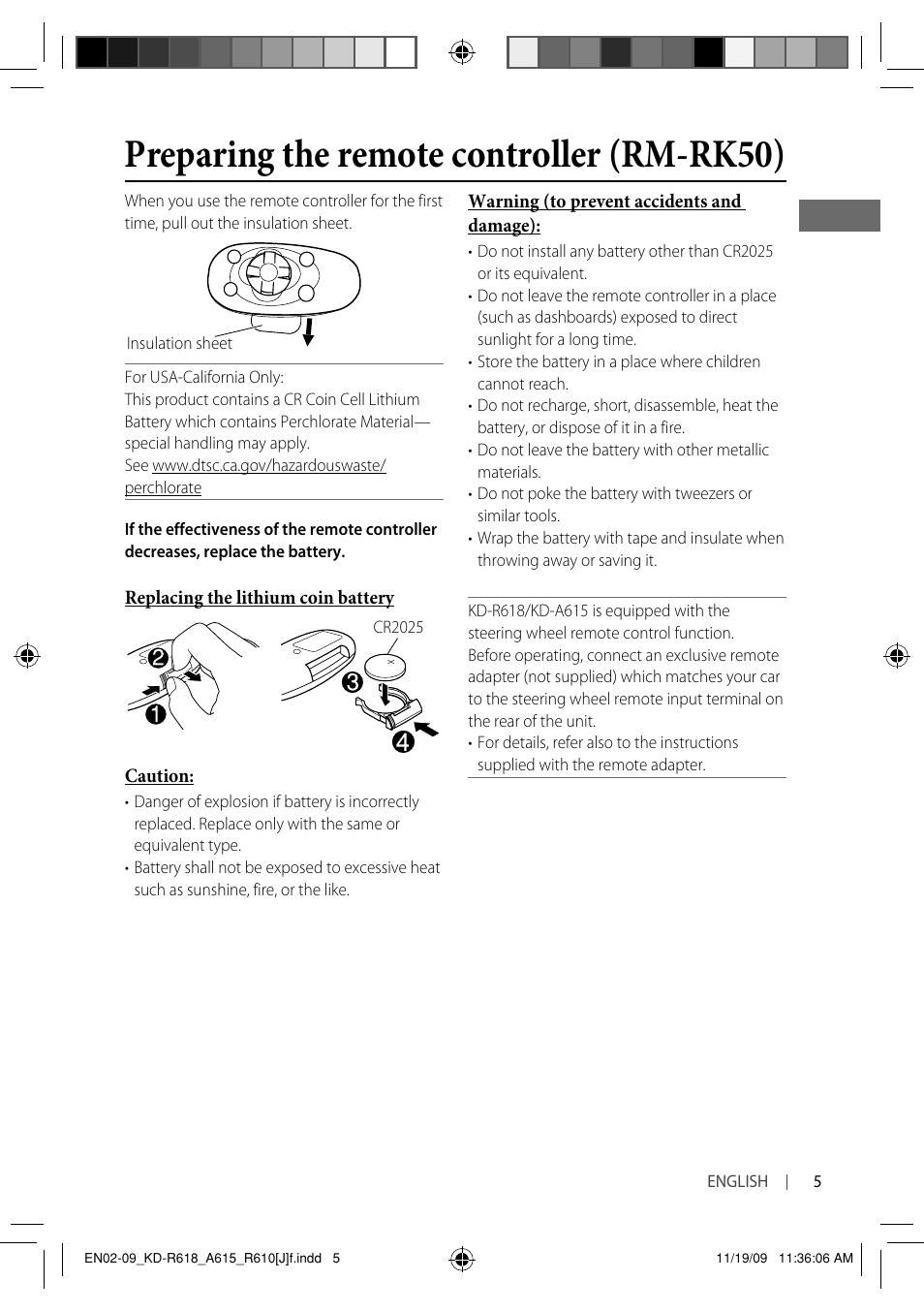 Preparing the remote controller (rm-rk50) | JVC KD-A615 User Manual | Page 5 / 131