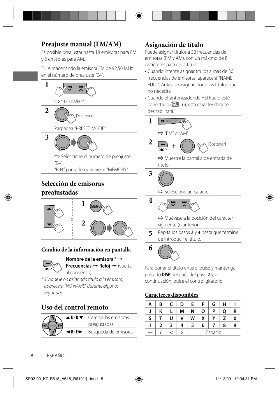 Preajuste manual (fm/am), Selección de emisoras preajustadas, Uso del control remoto | Asignación de título | JVC KD-A615 User Manual | Page 50 / 131