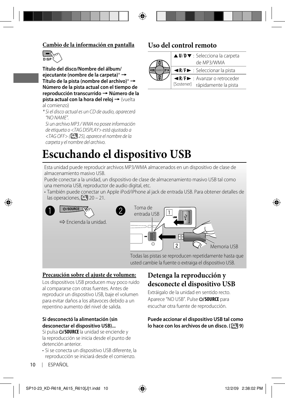 Escuchando el dispositivo usb, Uso del control remoto | JVC KD-A615 User Manual | Page 52 / 131