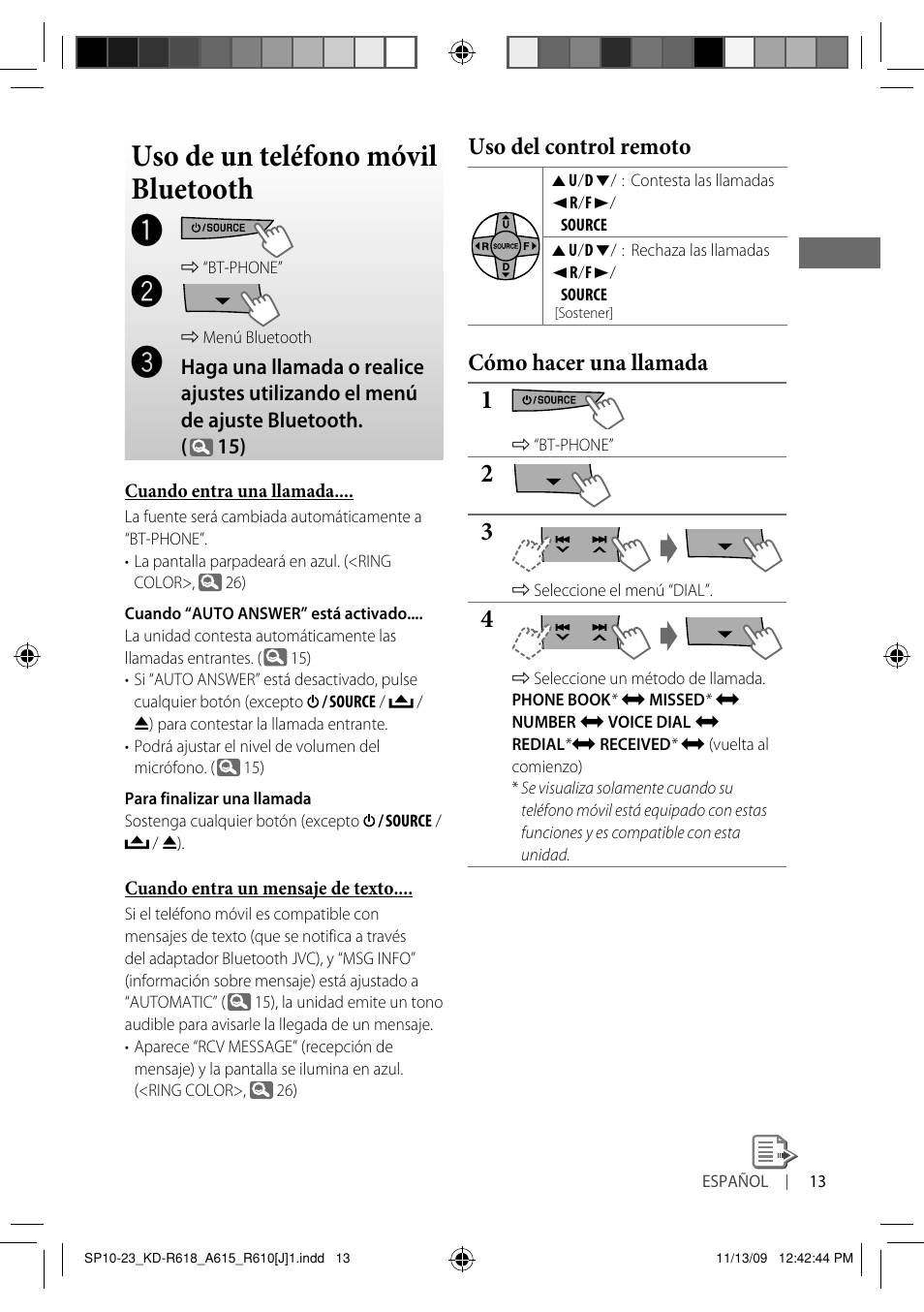 Uso de un teléfono móvil bluetooth, Uso del control remoto, Cómo hacer una llamada | JVC KD-A615 User Manual | Page 55 / 131