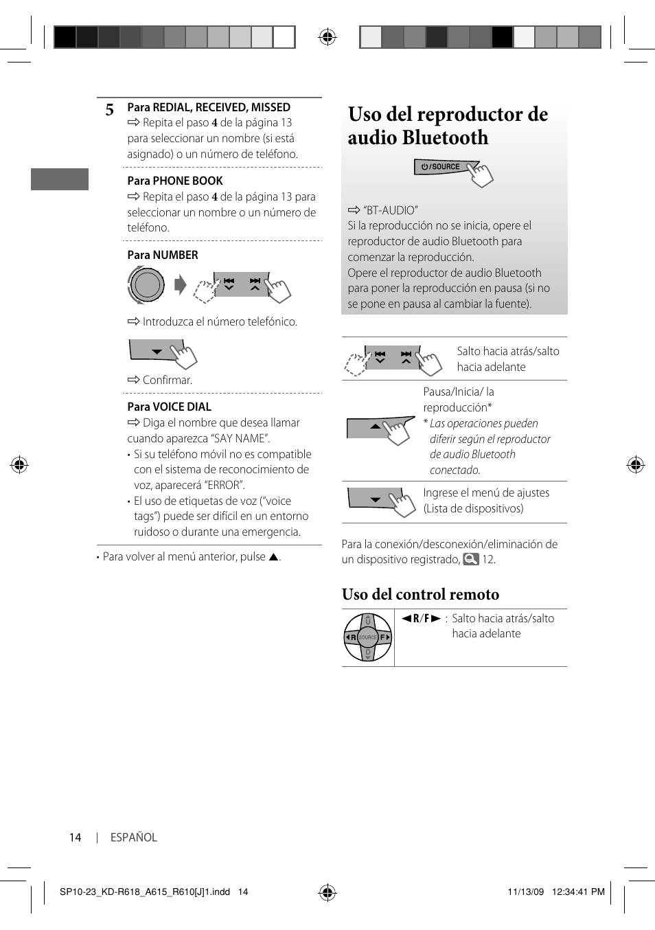 Uso del reproductor de audio bluetooth, Uso del control remoto | JVC KD-A615 User Manual | Page 56 / 131