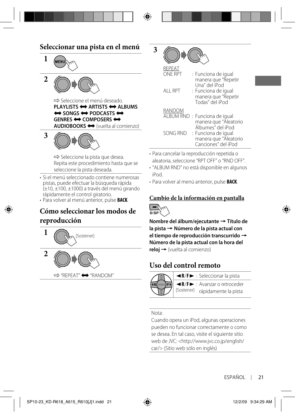 Seleccionar una pista en el menú, Cómo seleccionar los modos de reproducción, Uso del control remoto | JVC KD-A615 User Manual | Page 63 / 131