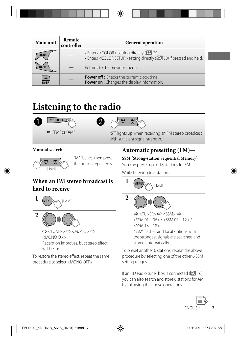 Listening to the radio, When an fm stereo broadcast is hard to receive, Automatic presetting (fm) | JVC KD-A615 User Manual | Page 7 / 131