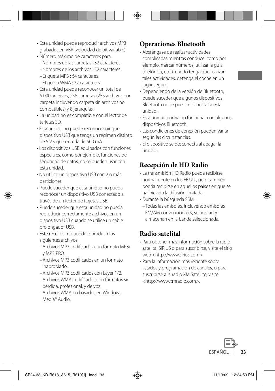 Operaciones bluetooth, Recepción de hd radio, Radio satelital | JVC KD-A615 User Manual | Page 75 / 131