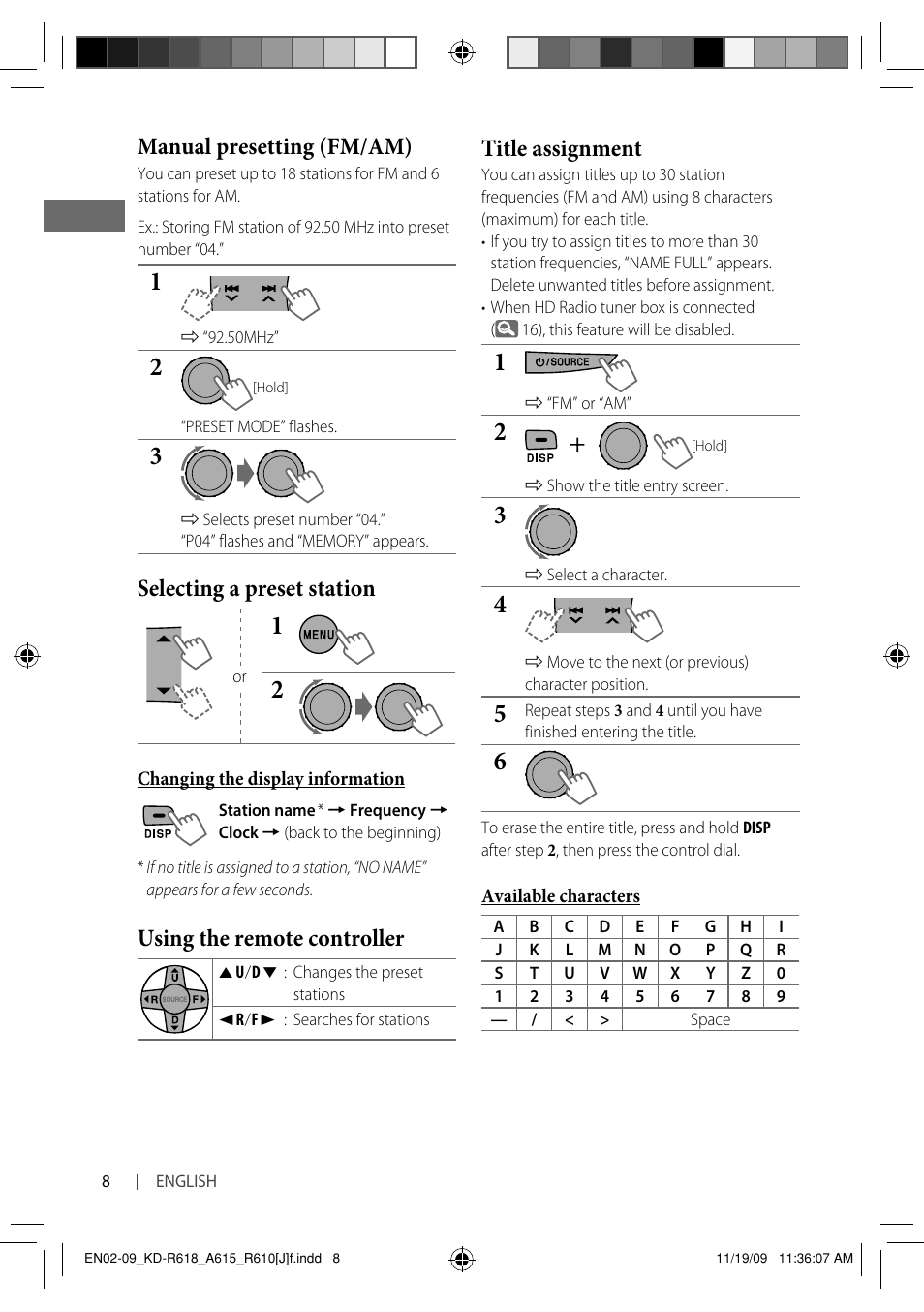 Manual presetting (fm/am), Selecting a preset station, Using the remote controller | Title assignment | JVC KD-A615 User Manual | Page 8 / 131