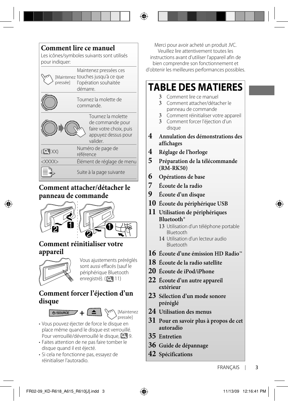 Table des matieres, Comment lire ce manuel, Comment forcer l’éjection d’un disque | JVC KD-A615 User Manual | Page 87 / 131