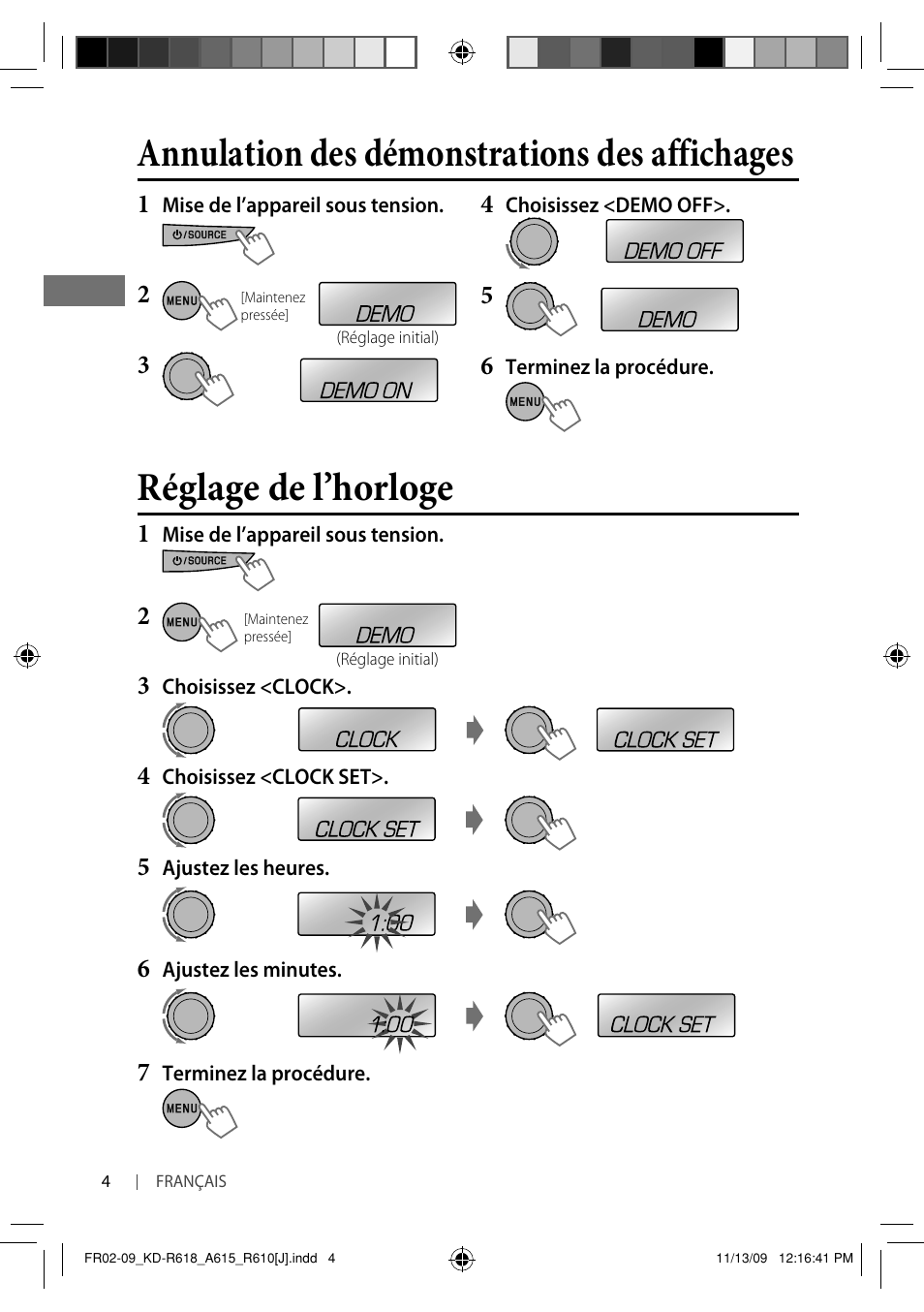 Réglage de l’horloge, Annulation des démonstrations des affichages | JVC KD-A615 User Manual | Page 88 / 131