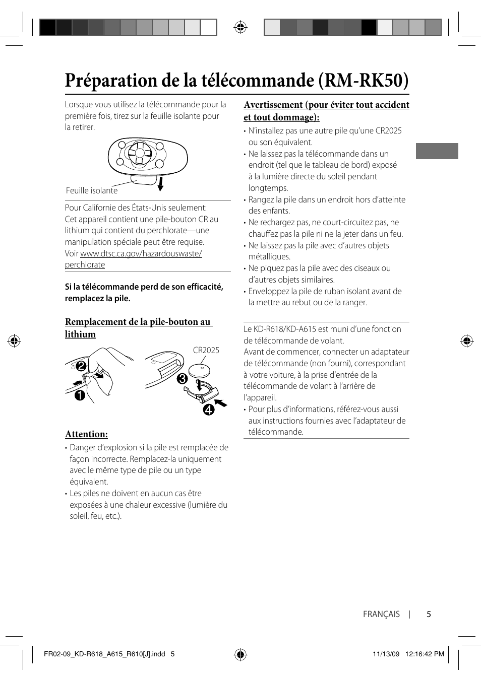 Préparation de la télécommande (rm-rk50) | JVC KD-A615 User Manual | Page 89 / 131