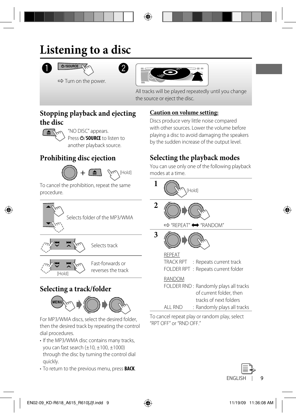 Listening to a disc, Stopping playback and ejecting the disc, Prohibiting disc ejection | Selecting a track/folder, Selecting the playback modes | JVC KD-A615 User Manual | Page 9 / 131
