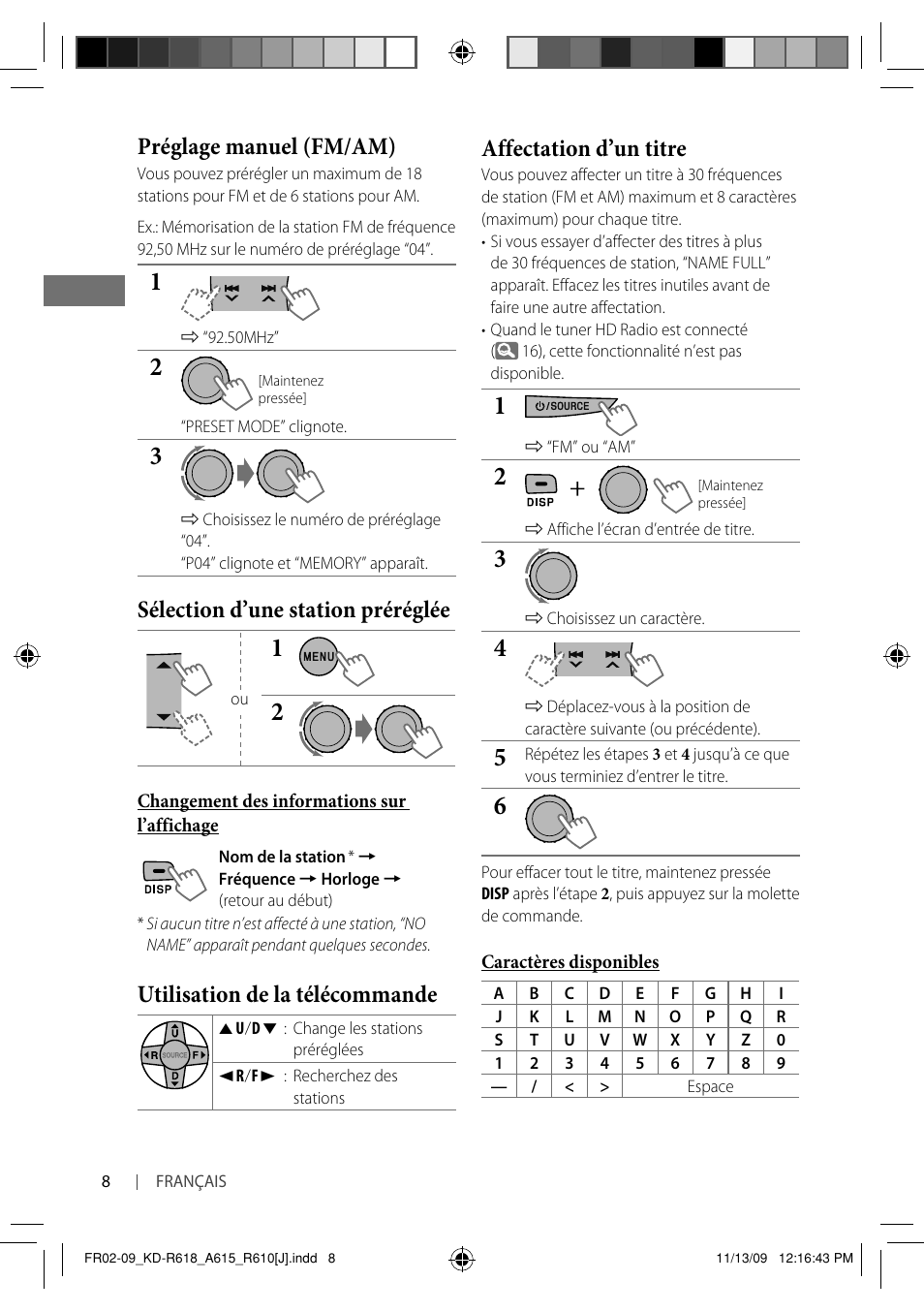 Préglage manuel (fm/am), Sélection d’une station préréglée, Utilisation de la télécommande | Affectation d’un titre | JVC KD-A615 User Manual | Page 92 / 131