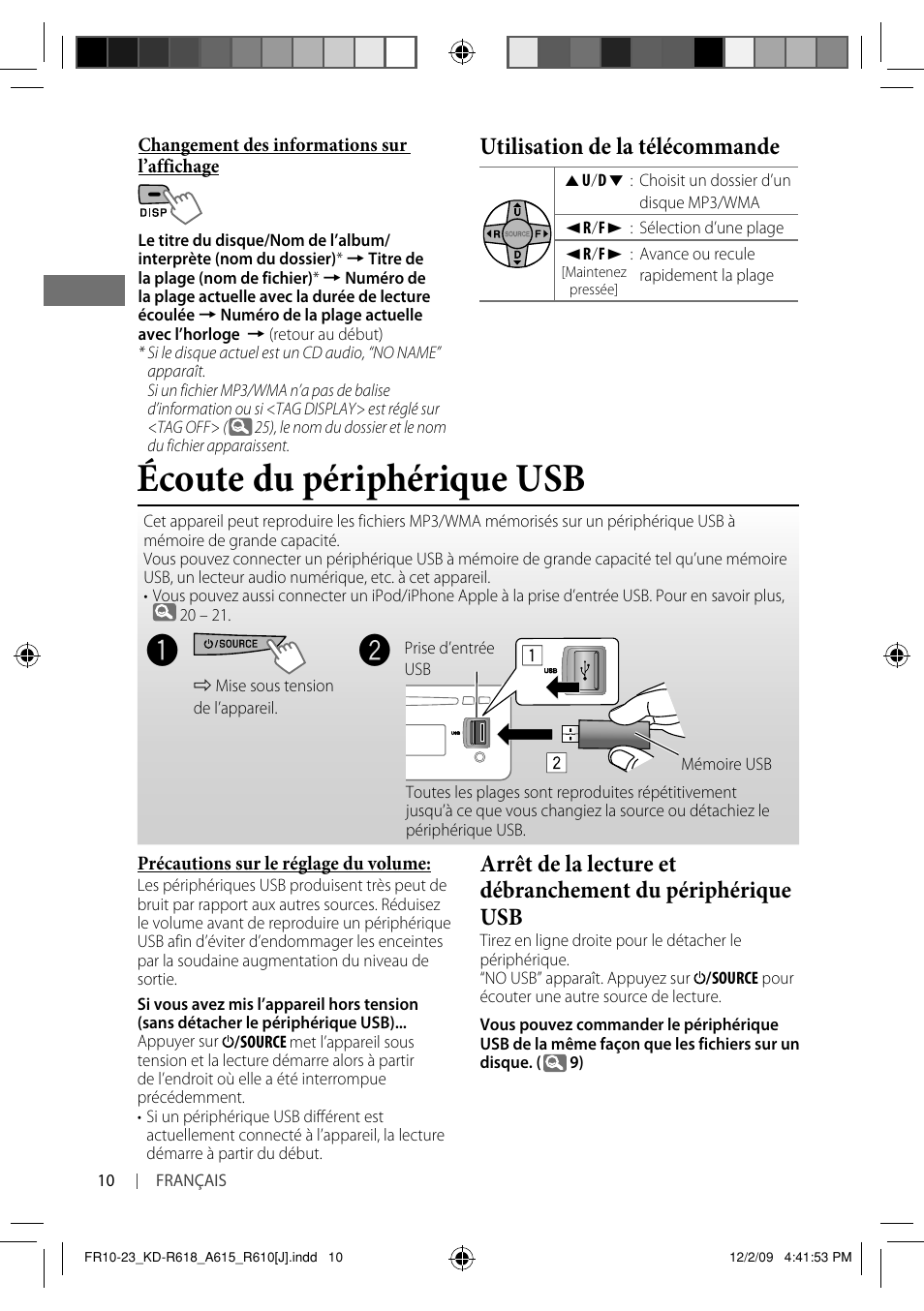 Écoute du périphérique usb, Utilisation de la télécommande | JVC KD-A615 User Manual | Page 94 / 131