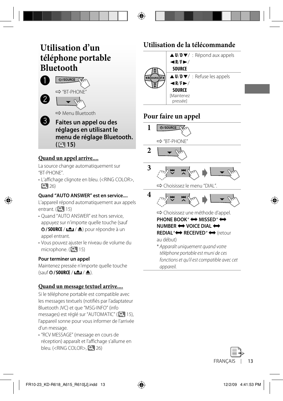 Utilisation d’un téléphone portable bluetooth, Utilisation de la télécommande, Pour faire un appel | JVC KD-A615 User Manual | Page 97 / 131