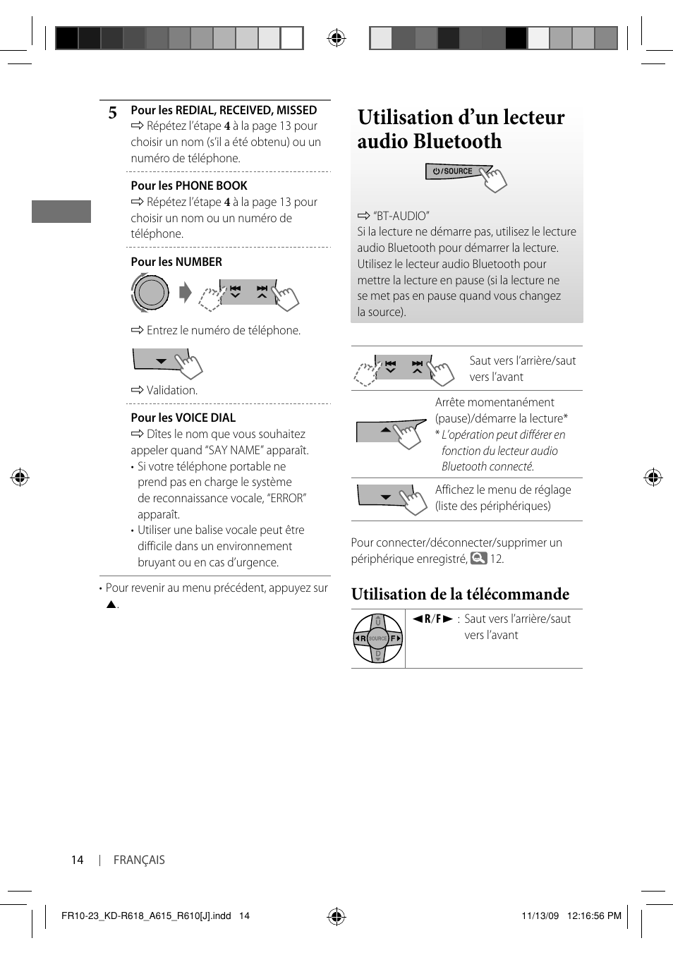 Utilisation d’un lecteur audio bluetooth, Utilisation de la télécommande | JVC KD-A615 User Manual | Page 98 / 131