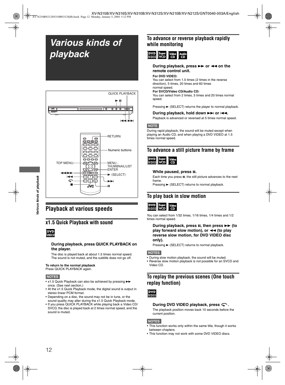 Various kinds of playback, Playback at various speeds, X1.5 quick playback with sound | JVC XV-N210B  EN User Manual | Page 14 / 38