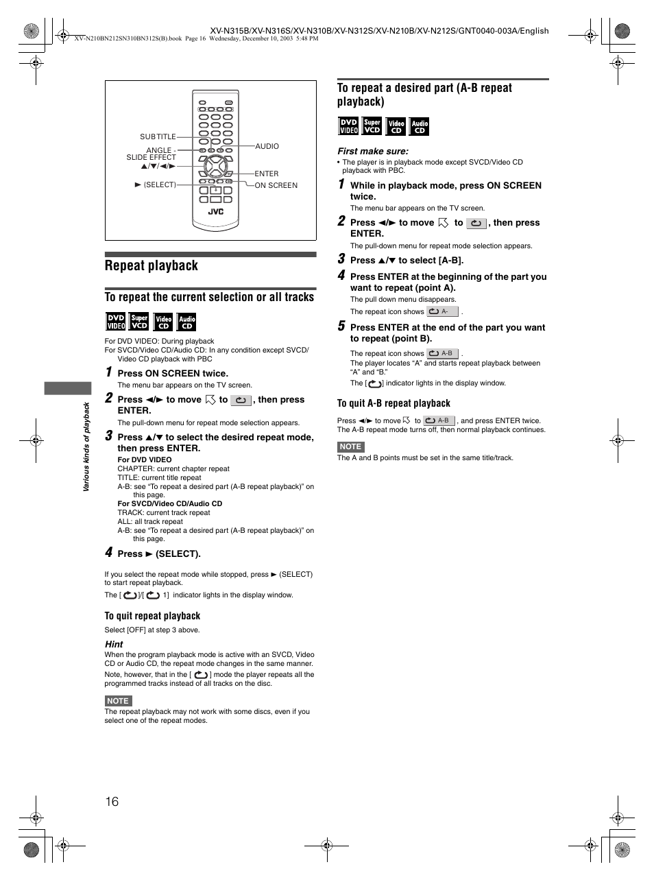 Repeat playback | JVC XV-N210B  EN User Manual | Page 18 / 38