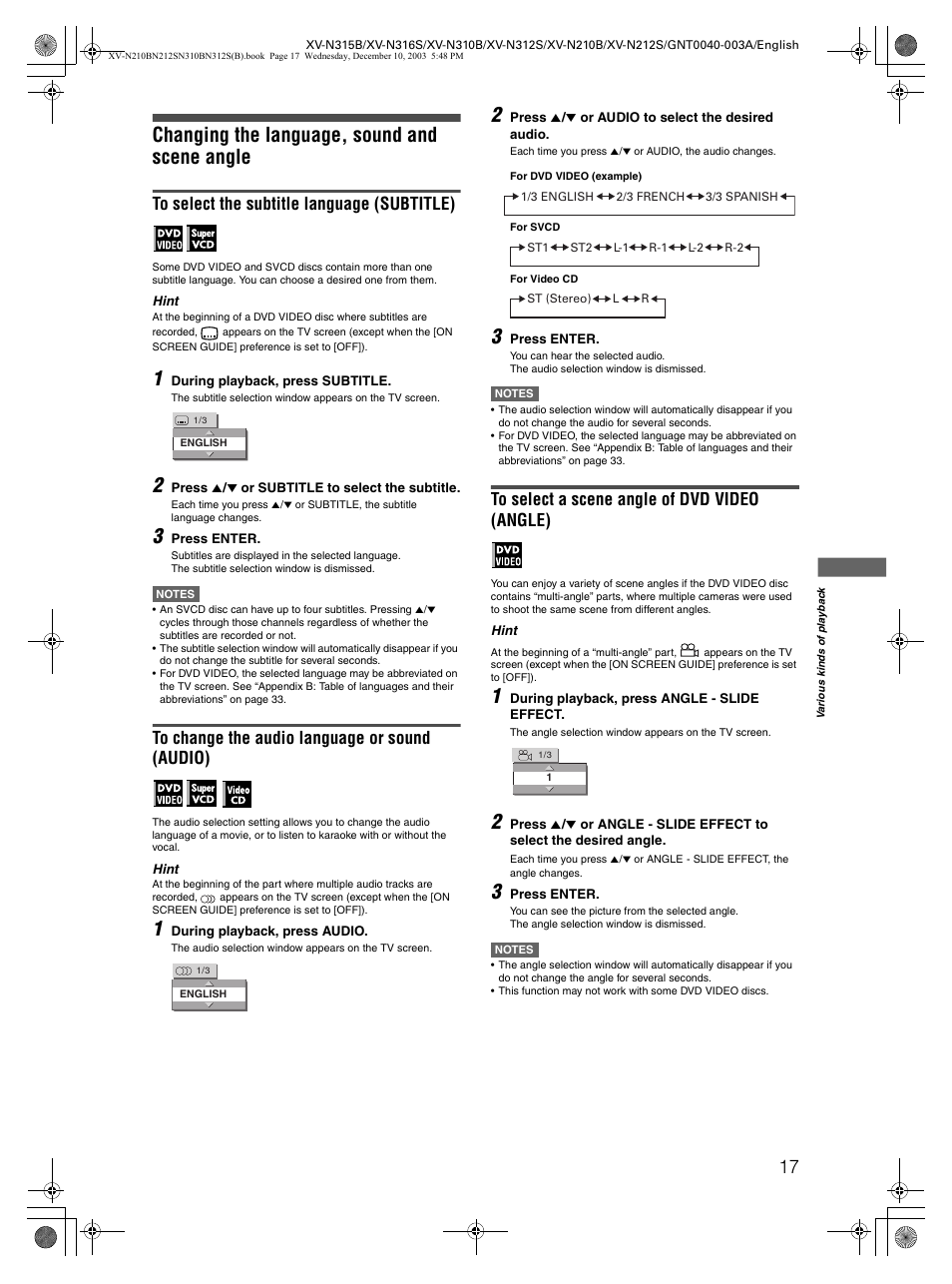 Changing the language, sound and scene angle | JVC XV-N210B  EN User Manual | Page 19 / 38