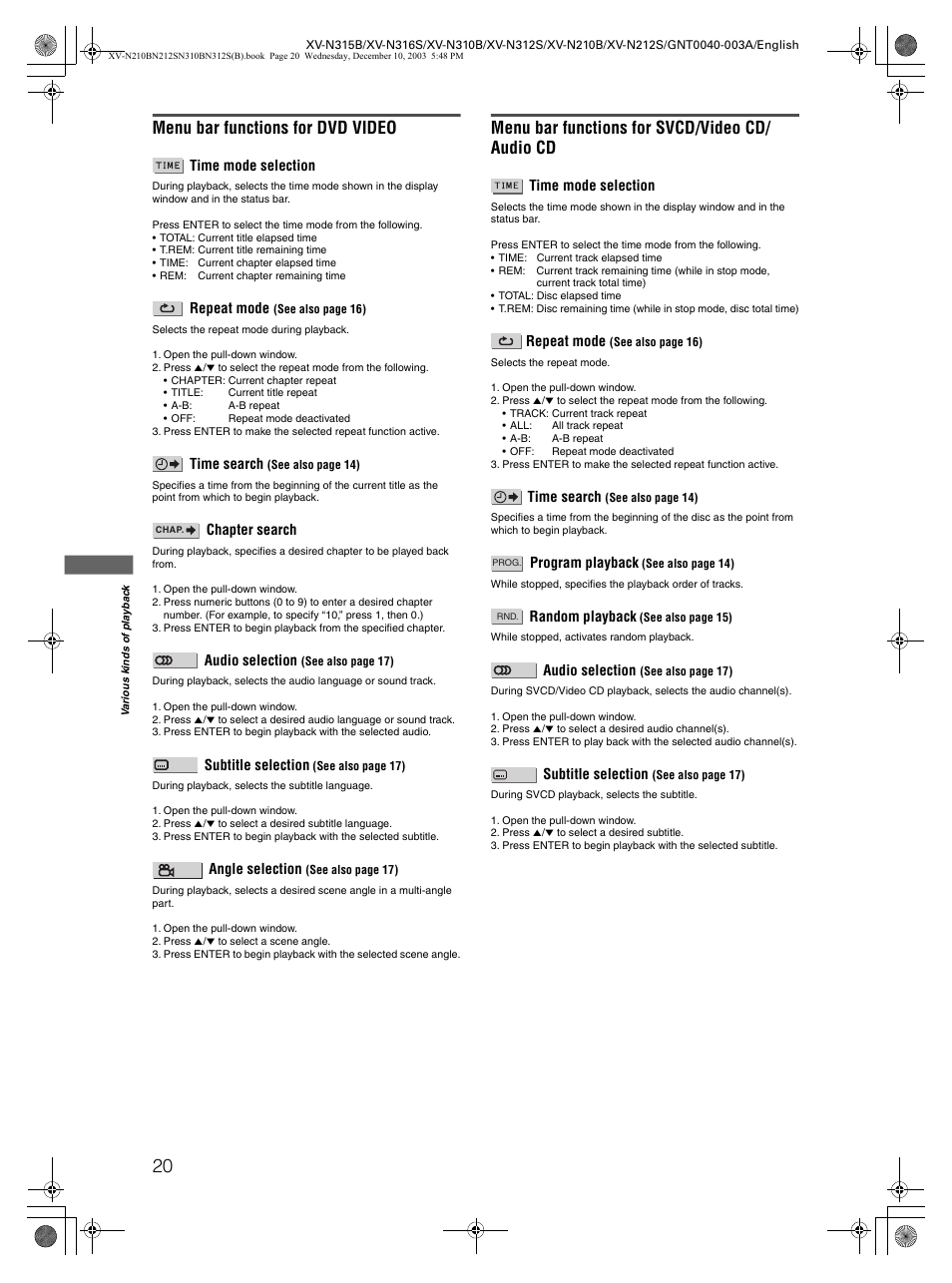 Menu bar functions for dvd video, Menu bar functions for svcd/video cd/ audio cd | JVC XV-N210B  EN User Manual | Page 22 / 38