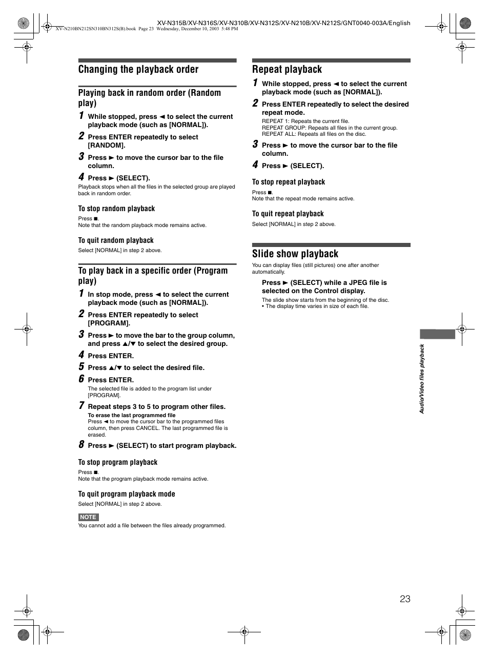 Changing the playback order, Repeat playback 1, Slide show playback | Playing back in random order (random play) | JVC XV-N210B  EN User Manual | Page 25 / 38