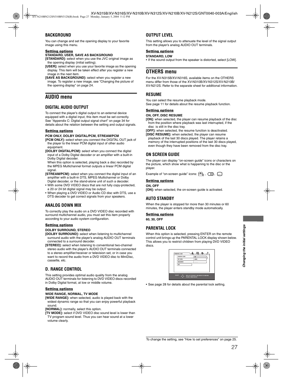 Audio menu, Others menu, Background | Digital audio output, Analog down mix, D. range control, Output level, Resume, On screen guide, Auto standby | JVC XV-N210B  EN User Manual | Page 29 / 38