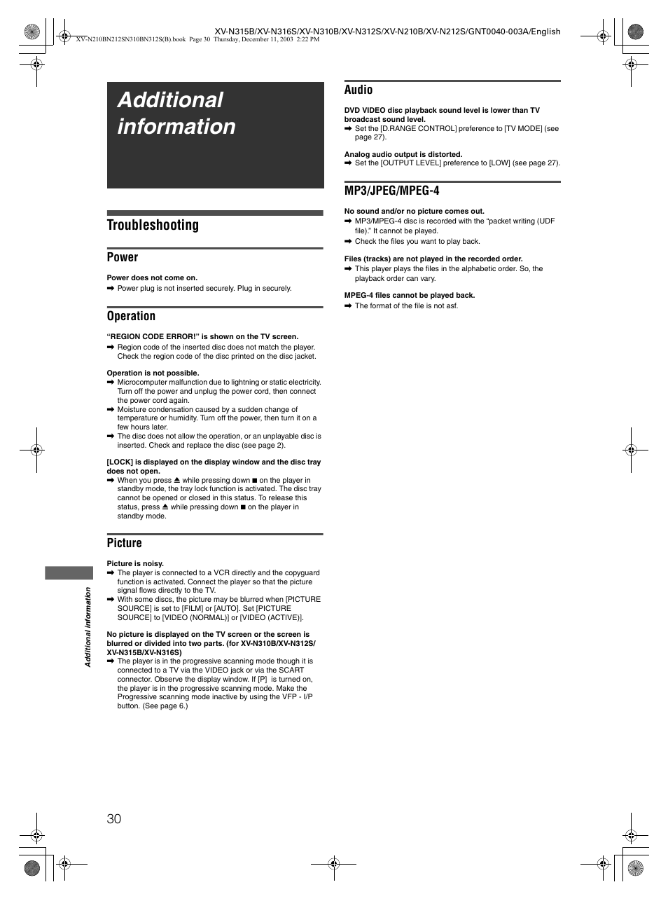 Additional information, Troubleshooting, Power | Operation, Picture, Audio, Mp3/jpeg/mpeg-4 | JVC XV-N210B  EN User Manual | Page 32 / 38