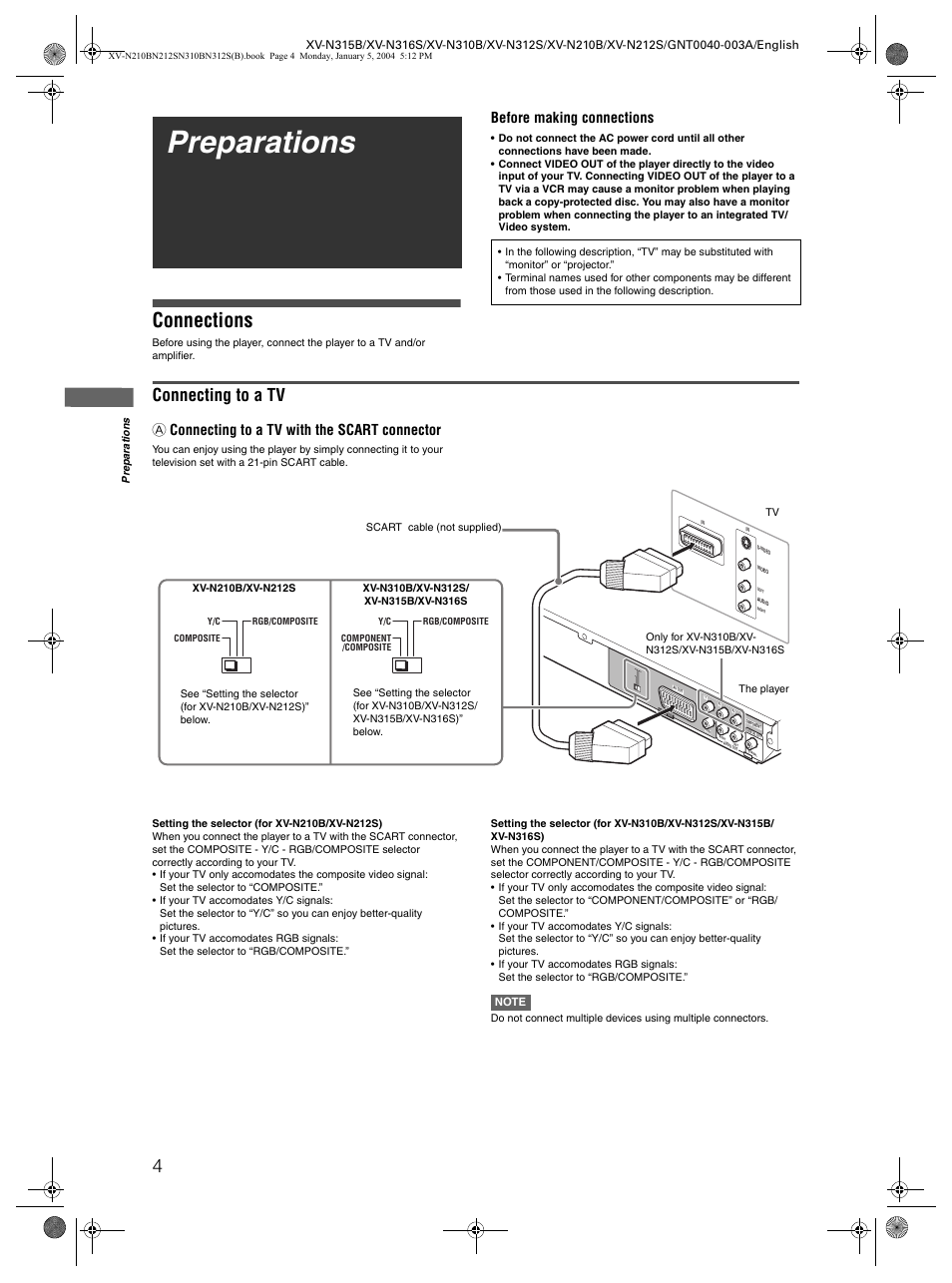 Preparations, Connections, Connecting to a tv | Before making connections, A connecting to a tv with the scart connector | JVC XV-N210B  EN User Manual | Page 6 / 38