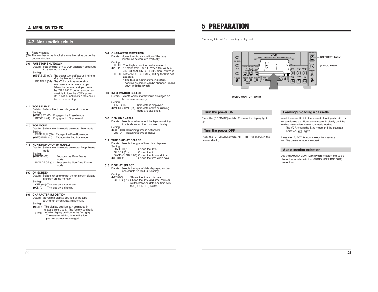 5 preparation, 4 menu switches 4-2 menu switch details | JVC BR-DV600U User Manual | Page 12 / 24