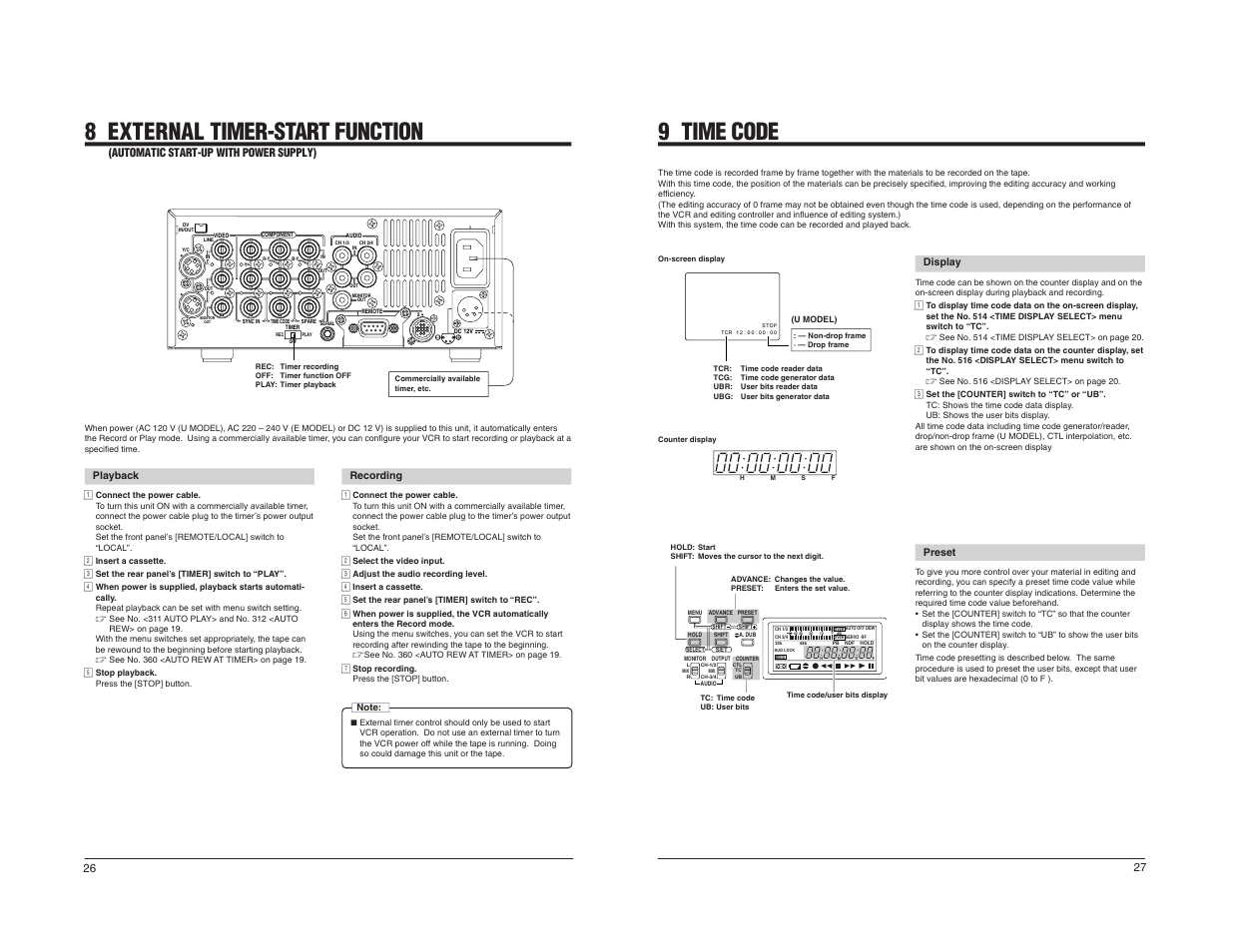 8 external timer-start function, 9 time code | JVC BR-DV600U User Manual | Page 15 / 24