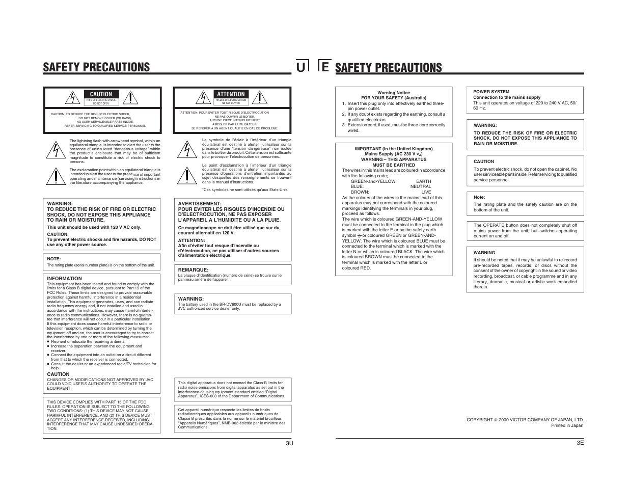 Safety precautions | JVC BR-DV600U User Manual | Page 3 / 24